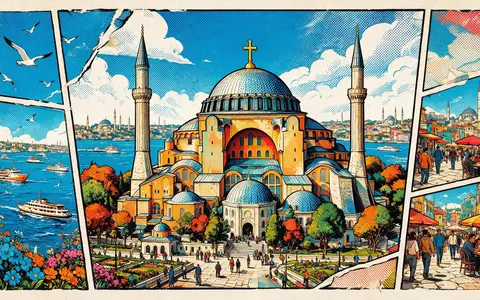 Pop-Art-Comicillustration des Wahrzeichens Hagia Sophia Istanbul in Istanbul Türkei, kraeftige Konturen Rasterpunkte und satte Farben - Foto: THN