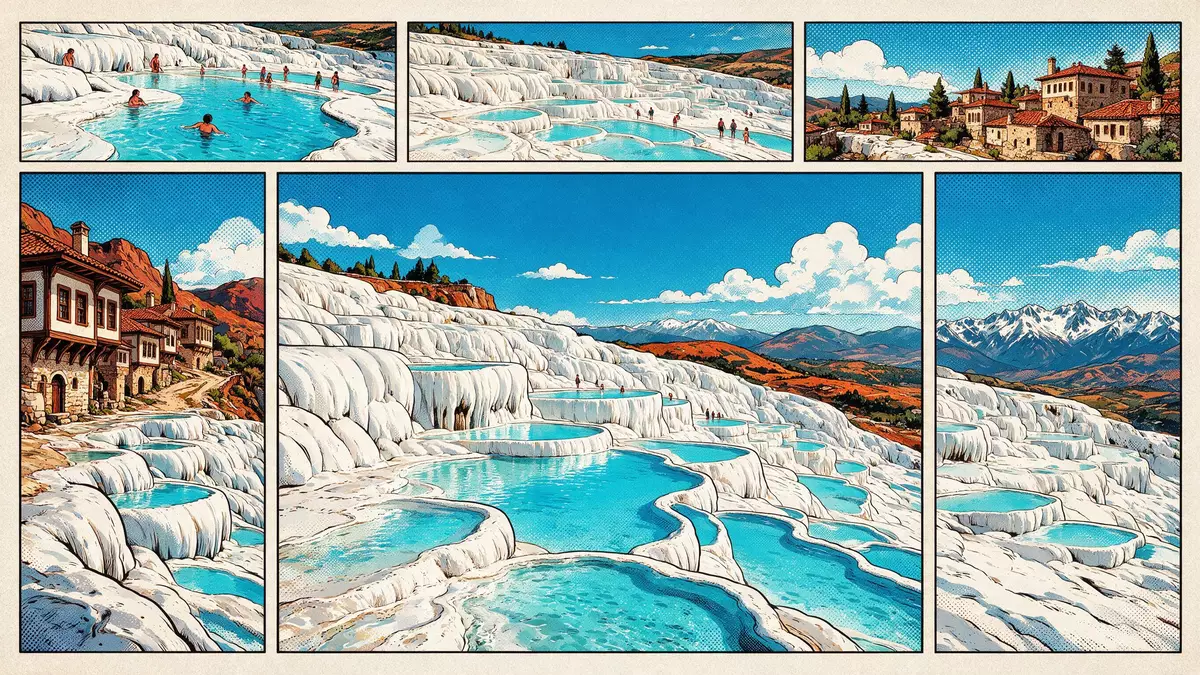 Pop-Art-Comic von Pamukkale in Denizli, Türkei mit Rasterpunkten