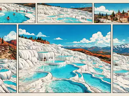 Pop-Art-Comicillustration des Wahrzeichens Pamukkale in Denizli Türkei, kraeftige Konturen Rasterpunkte und satte Farben - Foto: THN