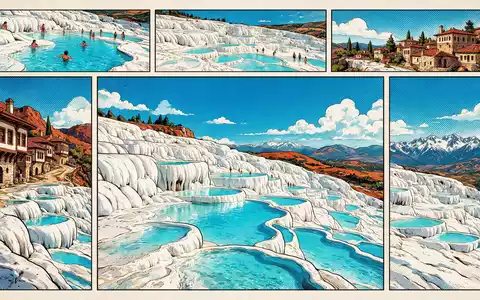 Pop-Art-Comicillustration des Wahrzeichens Pamukkale in Denizli Türkei, kraeftige Konturen Rasterpunkte und satte Farben - Foto: THN