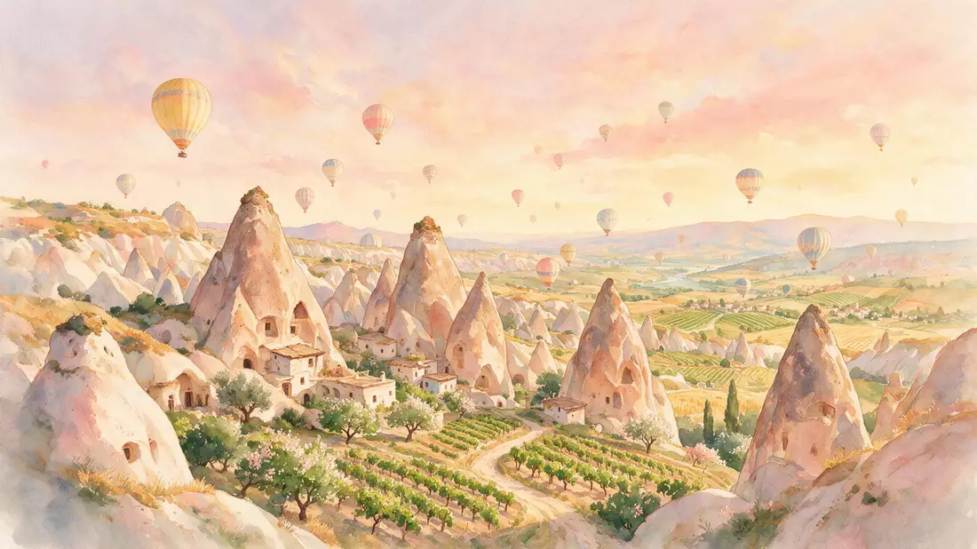 Aquarell-Illustration von Kappadokien in Göreme, Türkei als Reiseposter