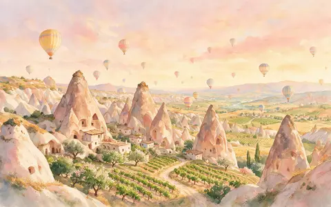Aquarellillustration des Wahrzeichens Kappadokien in Göreme Türkei, weiche Farbverläufe und pastelliges Reiseposter-Feeling - Foto: THN