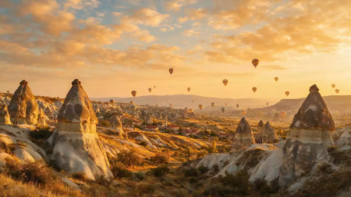 Fotorealistische Ansicht von Kappadokien in Göreme, Türkei im Abendlicht
