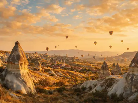 Fotorealistische Panoramaaufnahme von Kappadokien in Göreme TĂŒrkei, warmes Abendlicht auf Wahrzeichen im Reisemotiv - Foto: THN