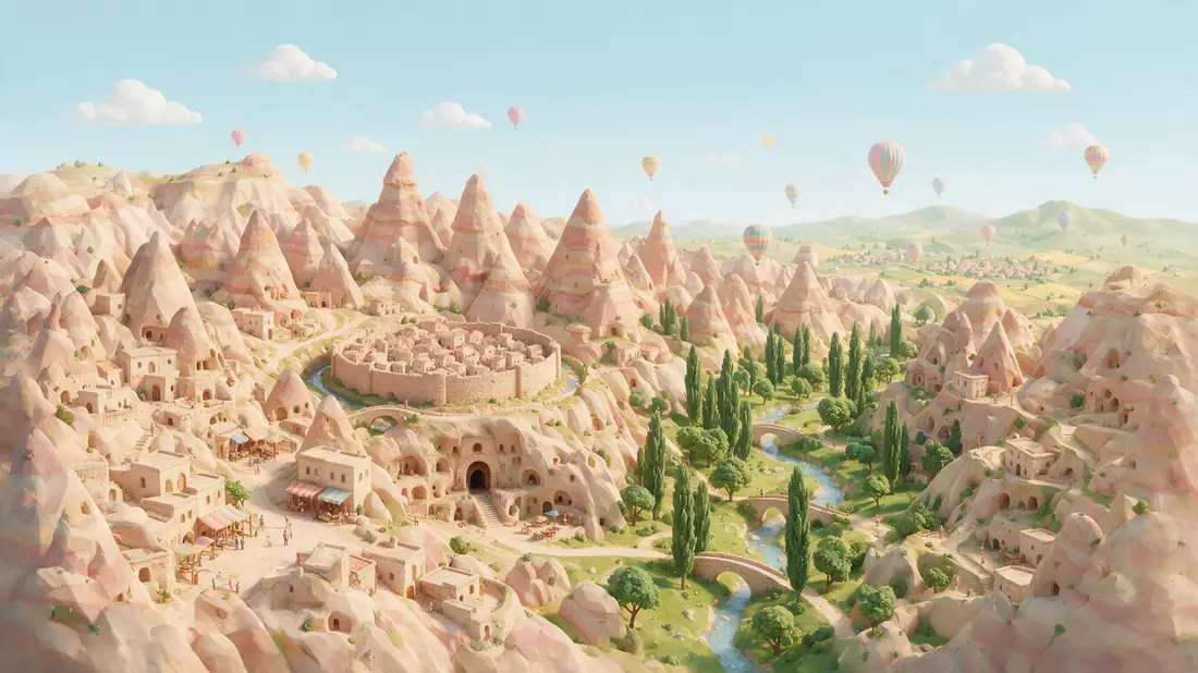 Isometrisches Diorama von Kappadokien in Göreme, Türkei in Pastell