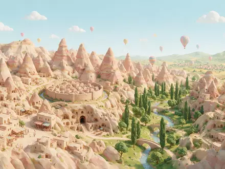 Isometrisches Diorama von Kappadokien und Umgebung in Göreme Türkei, verspielte Low-Poly-Kulisse in Pastellfarben - Foto: THN