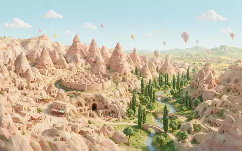 Isometrisches Diorama von Kappadokien und Umgebung in Göreme Türkei, verspielte Low-Poly-Kulisse in Pastellfarben - Foto: THN