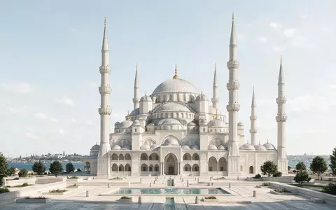 Moderner Architektur-Render zeigt Silhouette von Blaue Moschee Istanbul in Istanbul Türkei, klare Linien und neutrales - Foto: THN