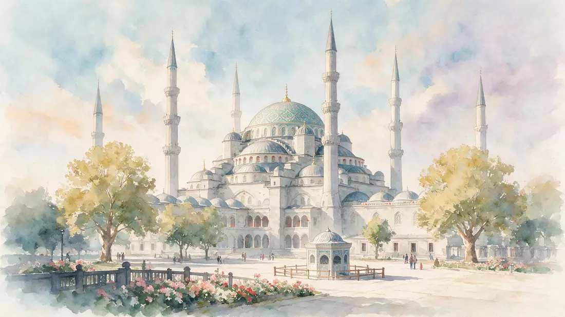 Aquarell-Illustration von Blaue Moschee Istanbul in Istanbul, Türkei als Reiseposter