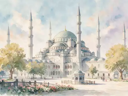 Aquarellillustration des Wahrzeichens Blaue Moschee Istanbul in Istanbul TĂŒrkei, weiche FarbverlĂ€ufe und pastelliges Reiseposter-Feeling - Foto: THN