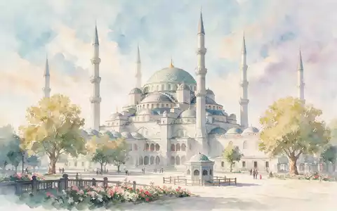 Aquarellillustration des Wahrzeichens Blaue Moschee Istanbul in Istanbul Türkei, weiche Farbverläufe und pastelliges Reiseposter-Feeling - Foto: THN