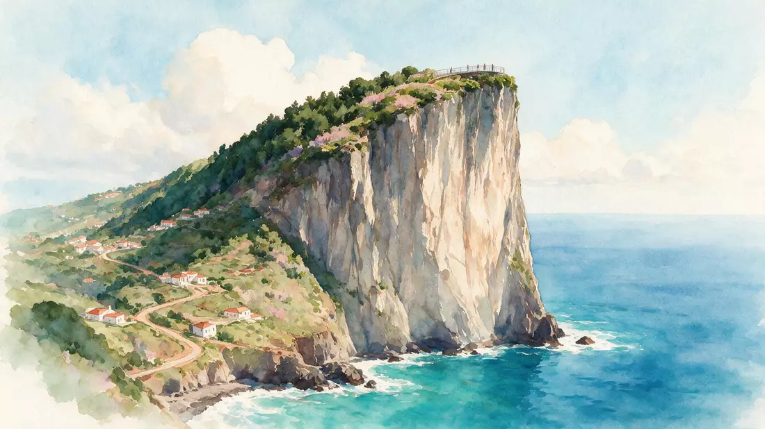 Aquarell-Illustration von Cabo Girao Madeira in Camara de Lobos, Portugal als Reiseposter