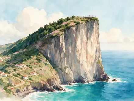 Aquarellillustration des Wahrzeichens Cabo Girao Madeira in Camara de Lobos Portugal, weiche Farbverläufe und pastelliges - Foto: THN