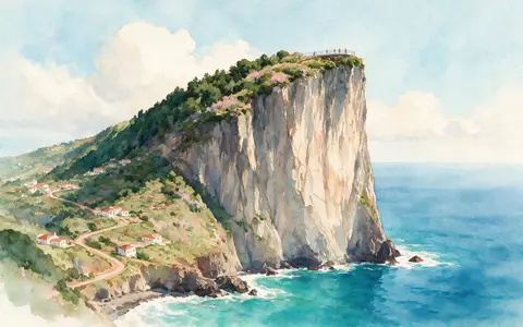 Aquarellillustration des Wahrzeichens Cabo Girao Madeira in Camara de Lobos Portugal, weiche Farbverläufe und pastelliges - Foto: THN