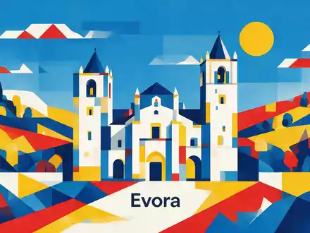 Bauhaus-Poster als geometrische Abstraktion von Kathedrale von Evora in Evora Portugal, kraeftige Grundfarben und harte - Foto: THN