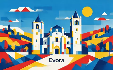 Bauhaus-Poster als geometrische Abstraktion von Kathedrale von Evora in Evora Portugal, kraeftige Grundfarben und harte - Foto: THN
