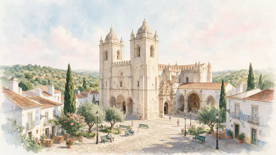Aquarell-Illustration von Kathedrale von Evora in Evora, Portugal als Reiseposter