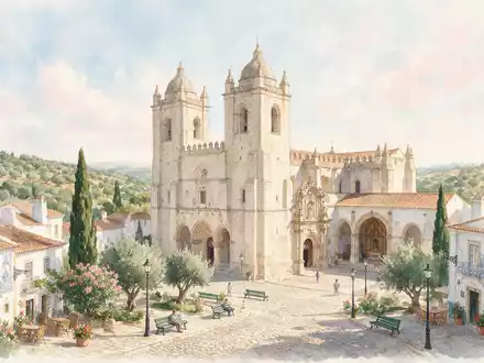 Aquarellillustration des Wahrzeichens Kathedrale von Evora in Evora Portugal, weiche Farbverläufe und pastelliges Reiseposter-Feeling - Foto: THN