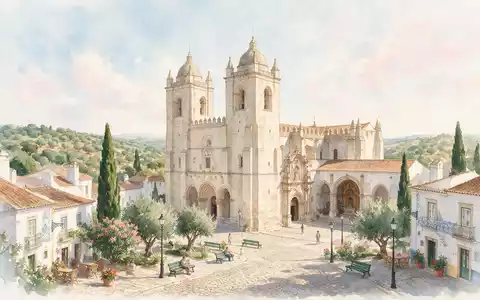 Aquarellillustration des Wahrzeichens Kathedrale von Evora in Evora Portugal, weiche Farbverläufe und pastelliges Reiseposter-Feeling - Foto: THN