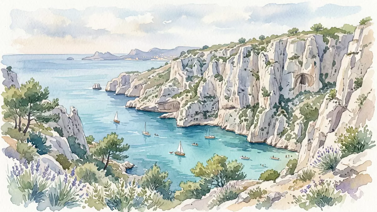 Aquarell-Illustration von Calanques-Nationalpark in Marseille, Frankreich als Reiseposter