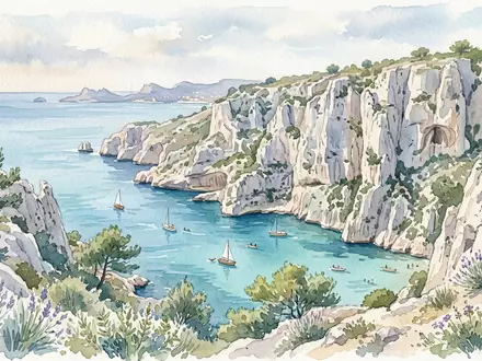 Aquarellillustration des Wahrzeichens Calanques-Nationalpark in Marseille Frankreich, weiche Farbverläufe und pastelliges Reiseposter-Feeling - Foto: THN