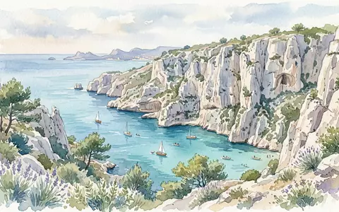 Aquarellillustration des Wahrzeichens Calanques-Nationalpark in Marseille Frankreich, weiche Farbverläufe und pastelliges Reiseposter-Feeling - Foto: THN