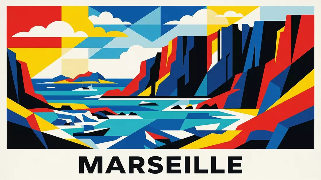 Bauhaus-Poster als Abstraktion von Calanques-Nationalpark in Marseille, Frankreich
