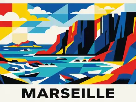 Bauhaus-Poster als geometrische Abstraktion von Calanques-Nationalpark in Marseille Frankreich, kraeftige Grundfarben und harte Formkanten - Foto: THN