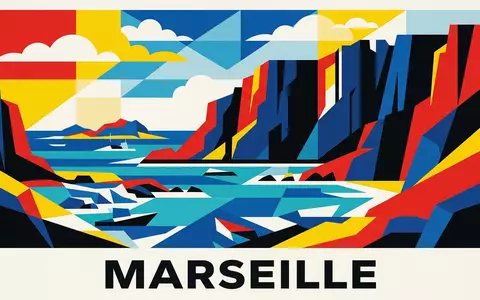 Bauhaus-Poster als geometrische Abstraktion von Calanques-Nationalpark in Marseille Frankreich, kraeftige Grundfarben und harte Formkanten - Foto: THN