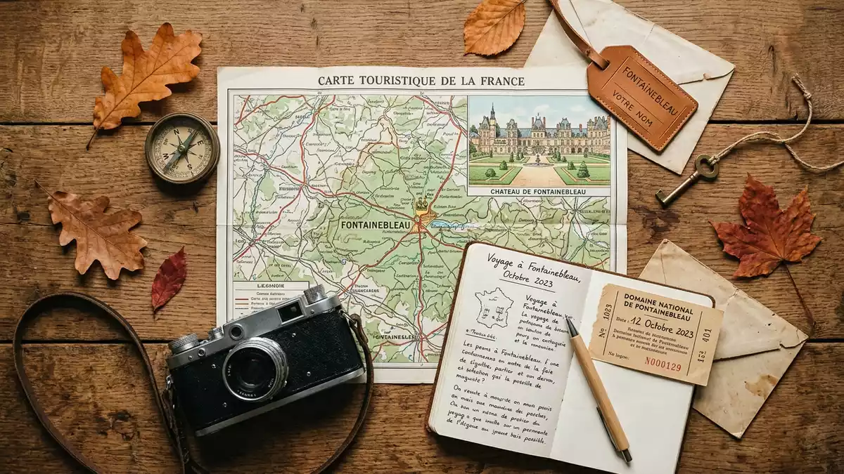 Flatlay-Reise-Arrangement rund um Schloss Fontainebleau in Fontainebleau, Frankreich
