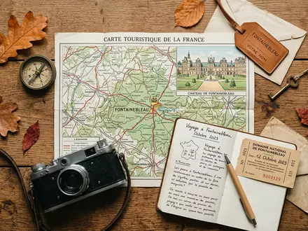 Flatlay-Reise-Arrangement rund um Schloss Fontainebleau in Fontainebleau Frankreich, Karte Kompass Kamera und generische Reiserequisiten - Foto: THN