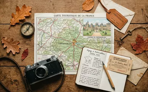 Flatlay-Reise-Arrangement rund um Schloss Fontainebleau in Fontainebleau Frankreich, Karte Kompass Kamera und generische Reiserequisiten - Foto: THN