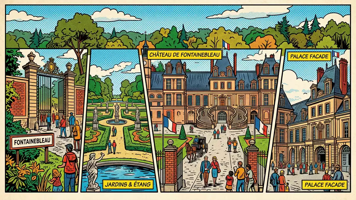 Pop-Art-Comic von Schloss Fontainebleau in Fontainebleau, Frankreich mit Rasterpunkten