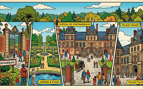 Pop-Art-Comicillustration des Wahrzeichens Schloss Fontainebleau in Fontainebleau Frankreich, kraeftige Konturen Rasterpunkte und satte Farben - Foto: THN