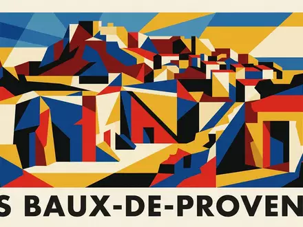 Bauhaus-Poster als geometrische Abstraktion von Carrieres de Lumieres in Les Baux-de-Provence Frankreich, kraeftige Grundfarben und - Foto: THN