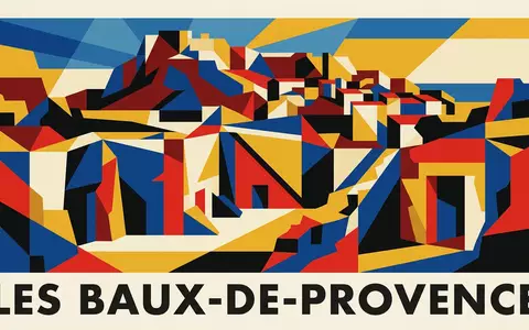 Bauhaus-Poster als geometrische Abstraktion von Carrieres de Lumieres in Les Baux-de-Provence Frankreich, kraeftige Grundfarben und - Foto: THN