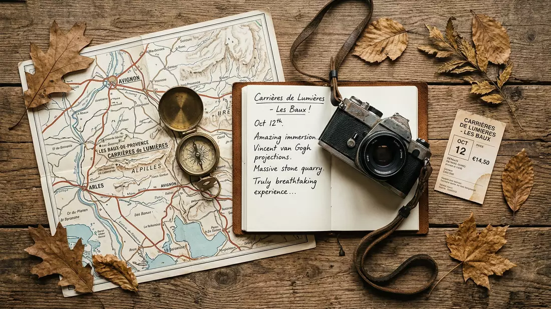 Flatlay-Reise-Arrangement rund um Carrieres de Lumieres in Les Baux-de-Provence, Frankreich