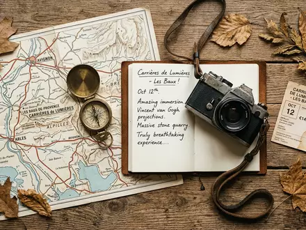 Flatlay-Reise-Arrangement rund um Carrieres de Lumieres in Les Baux-de-Provence Frankreich, Karte Kompass Kamera und generische - Foto: THN