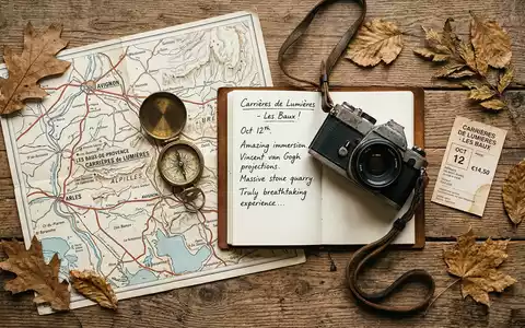 Flatlay-Reise-Arrangement rund um Carrieres de Lumieres in Les Baux-de-Provence Frankreich, Karte Kompass Kamera und generische - Foto: THN