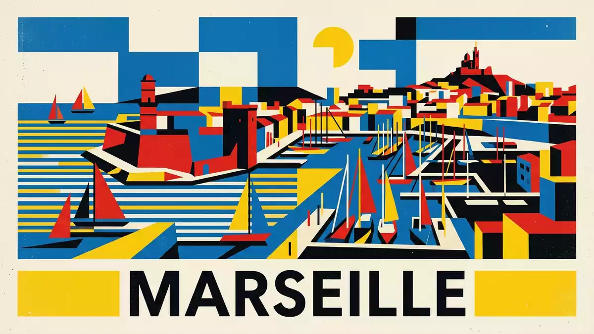 Bauhaus-Poster als Abstraktion von Alter Hafen Marseille in Marseille, Frankreich