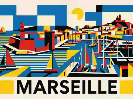 Bauhaus-Poster als geometrische Abstraktion von Alter Hafen Marseille in Marseille Frankreich, kraeftige Grundfarben und harte - Foto: THN