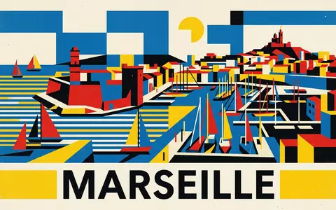 Bauhaus-Poster als geometrische Abstraktion von Alter Hafen Marseille in Marseille Frankreich, kraeftige Grundfarben und harte - Foto: THN