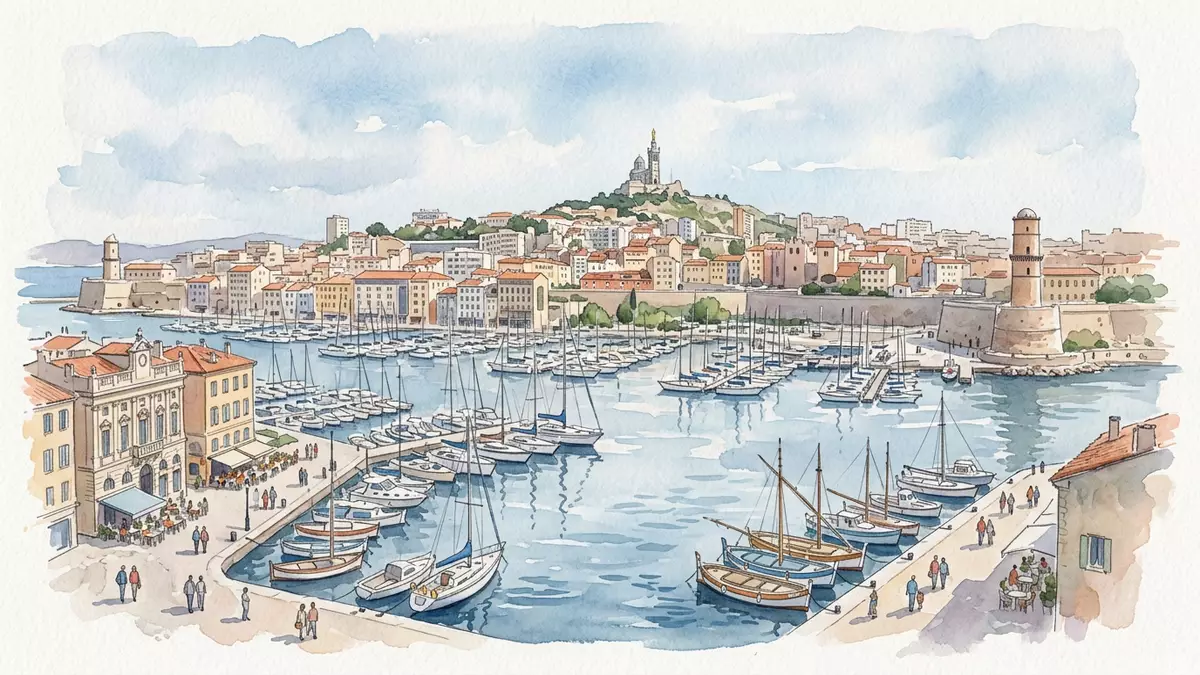Aquarell-Illustration von Alter Hafen Marseille in Marseille, Frankreich als Reiseposter