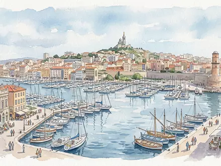 Aquarellillustration des Wahrzeichens Alter Hafen Marseille in Marseille Frankreich, weiche Farbverläufe und pastelliges Reiseposter-Feeling - Foto: THN