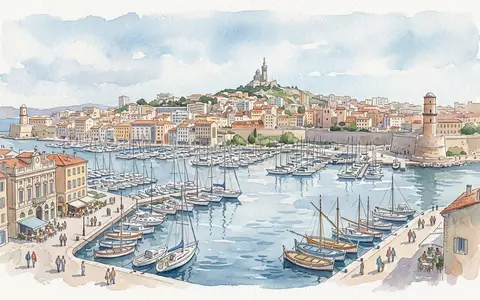 Aquarellillustration des Wahrzeichens Alter Hafen Marseille in Marseille Frankreich, weiche Farbverläufe und pastelliges Reiseposter-Feeling - Foto: THN