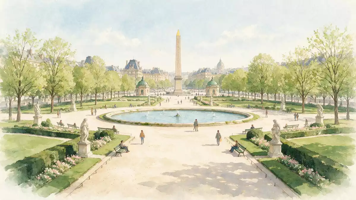 Aquarell-Illustration von Jardin des Tuileries Paris in Paris, Frankreich als Reiseposter