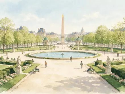 Aquarellillustration des Wahrzeichens Jardin des Tuileries Paris in Paris Frankreich, weiche Farbverläufe und pastelliges Reiseposter-Feeling - Foto: THN