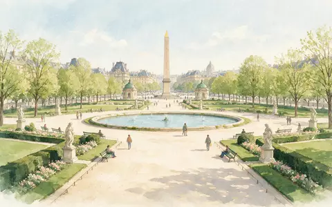 Aquarellillustration des Wahrzeichens Jardin des Tuileries Paris in Paris Frankreich, weiche Farbverläufe und pastelliges Reiseposter-Feeling - Foto: THN