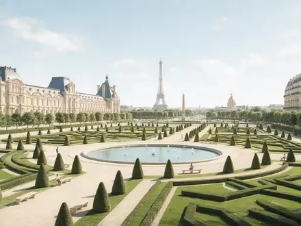 Moderner Architektur-Render zeigt Silhouette von Jardin des Tuileries Paris in Paris Frankreich, klare Linien und - Foto: THN