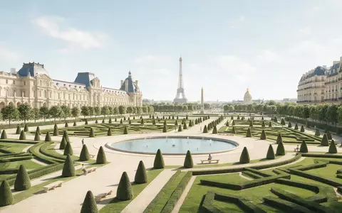 Moderner Architektur-Render zeigt Silhouette von Jardin des Tuileries Paris in Paris Frankreich, klare Linien und - Foto: THN